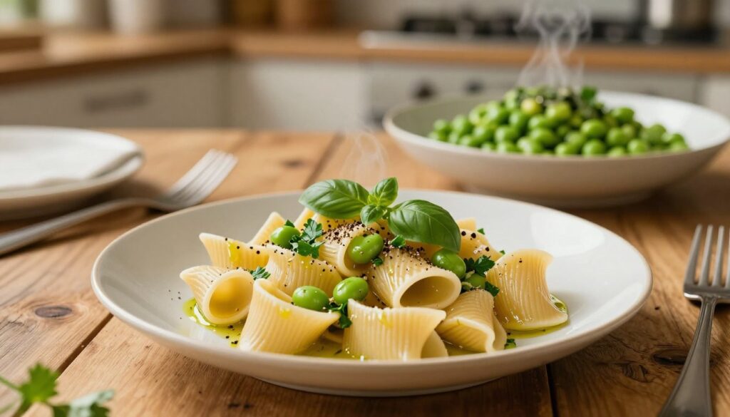A beautifully plated dish featuring "makaron bobem" as the focal point, with vibrant green fava beans tossed in a light olive oil dressing, juxtaposed with al dente pasta. In the foreground, the pasta is artistically shaped, with a sprinkle of freshly cracked black pepper and a garnish of finely chopped herbs like parsley and basil. The middle ground displays a rustic wooden table, adorned with elegant tableware and a steaming bowl of the dish. The background offers a soft focus of a cozy kitchen setting, with warm, golden lighting that creates an inviting atmosphere. Capture the essence of a simple yet elegant meal, emphasizing the textures of the pasta and fava beans, all while maintaining a warm and inviting feel.