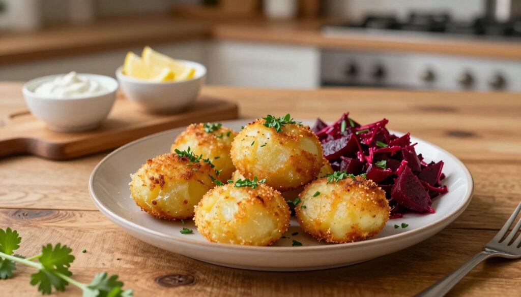 A beautifully plated dish of crispy kotleciki with golden-brown potato dumplings, garnished with fresh herbs and a side of vibrant beetroot salad. The kotleciki, perfectly round and slightly textured, sit prominently on a rustic wooden table. In the background, a soft focus showcases a cozy kitchen setting with warm, ambient lighting. A wooden serving board contains additional condiments in small bowls, such as creamy yogurt sauce and zesty lemon wedges, adding color and vibrancy to the scene. The camera angle is slightly elevated, capturing the dish from above while emphasizing the lush green garnishes. The overall mood is inviting and warm, evoking a sense of comfort and homemade goodness.