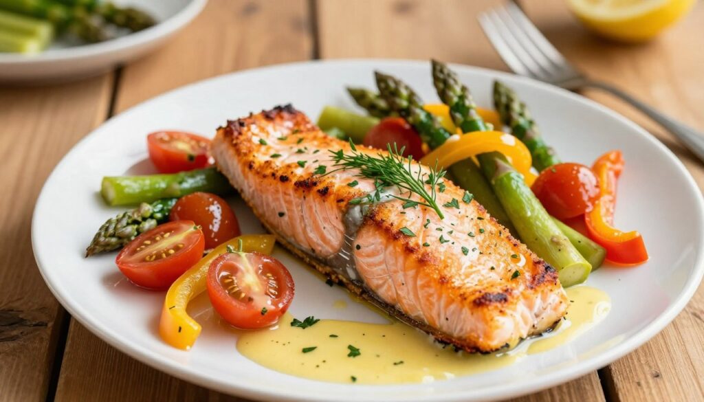 A beautifully plated dish of golden pan-fried salmon fillet, slightly crispy on the outside and tender on the inside, garnished with fresh herbs like dill and parsley. Surrounding the salmon are vibrant and colorful accompaniments including a medley of sautéed seasonal vegetables like asparagus, bell peppers, and cherry tomatoes, drizzled with a light lemon butter sauce. In the background, a simple rustic wooden table setting adds warmth, with a soft focus. The lighting is warm and inviting, mimicking the glow of a cozy kitchen. The angle is slightly above the plate, capturing the delicious details while maintaining a casual and homey atmosphere, perfect for a quick, enjoyable meal.