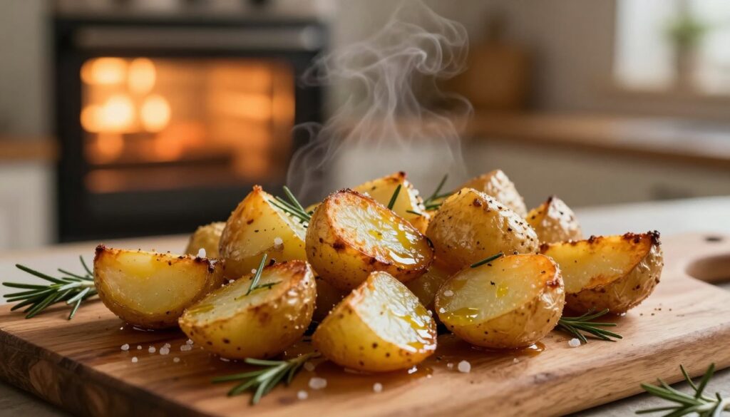 A beautifully plated dish of roasted potatoes in chunks, golden brown and crispy on the outside, with a light sheen of olive oil. The foreground features the potatoes arranged artfully on a rustic wooden board, garnished with fresh rosemary and coarse sea salt, highlighting their texture. In the middle ground, a warm oven can be subtly seen, radiating a cozy, inviting glow, while steam gently rises, suggesting freshness. The background captures a blurred kitchen setting, softly illuminated with warm light, evoking a homely atmosphere. The overall mood is warm, comforting, and appetizing, perfect for showcasing the deliciousness of roasted potatoes. The focus should be clear with a shallow depth of field, emphasizing the details of the potatoes while softly blurring the background elements.