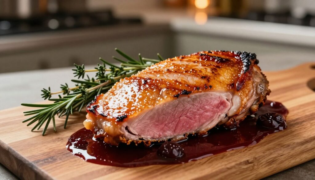 A beautifully plated duck breast on a wooden cutting board, showcasing its crispy golden skin and tender pink meat. The foreground features the glistening, well-rendered skin with tiny bubbles, suggesting a perfectly roasted texture. In the middle ground, fresh herbs like thyme and rosemary add a pop of color, while a rich, dark cherry reduction sauce pools elegantly around the duck, enhancing the dish's visual appeal. The background consists of a softly blurred kitchen scene, with warm ambient light casting gentle shadows, evoking a cozy, inviting atmosphere. The angle is slightly overhead to capture the dish's details and its inviting presentation. The image radiates a sense of culinary artistry and warmth, suitable for a gourmet cooking context.