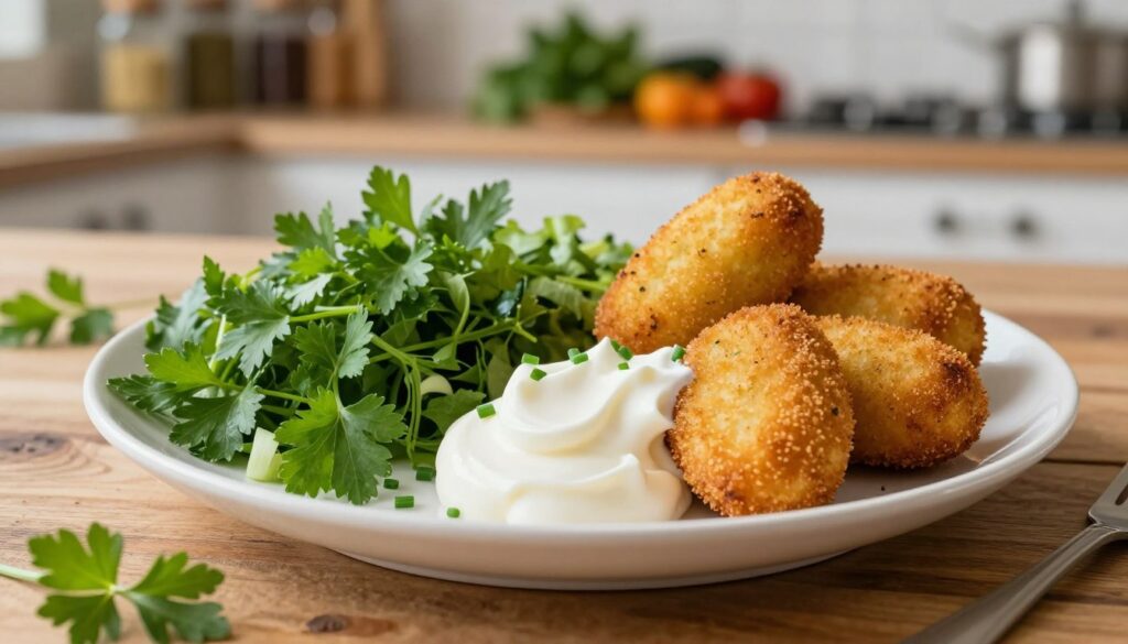 A beautifully plated serving of croquettes, golden brown and crispy, on a rustic wooden table. In the foreground, a delicate dollop of smooth, fresh sour cream is artfully drizzled on top, surrounded by a vibrant assortment of fresh green herbs, such as parsley and chives, adding a burst of color. The middle ground features additional ingredients like finely chopped greens and a few whole herbs scattered artistically around the plate. In the background, a softly lit kitchen setting with blurred shelves of spices and vegetables creates a warm, inviting atmosphere. Use natural soft lighting to evoke a fresh and appetizing feel, capturing the essence of a home-cooked meal. The angle should be slightly above the plate, focusing on the textures and colors of the food.