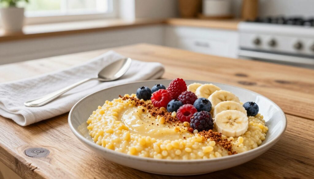 A beautifully plated serving of kasza manna, also known as semolina porridge, sits prominently in the foreground, showcasing its creamy, smooth texture. Surrounding the dish, a variety of colorful toppings such as fresh berries, sliced bananas, and a sprinkle of cinnamon create a vibrant contrast. In the middle ground, a rustic wooden table is adorned with a white linen napkin and an elegant spoon, enhancing the inviting breakfast atmosphere. In the background, a bright kitchen setting with soft natural light streaming through a window evokes warmth and comfort. The overall mood is cozy and inviting, suggesting a healthy and delicious morning meal. Capture this scene from a slightly elevated angle to highlight the textures of the food and the arrangement of toppings beautifully.