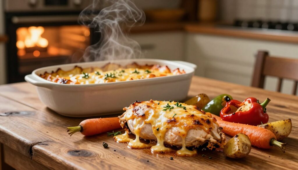 A beautifully presented baked chicken breast with melted cheese, nestled on a rustic wooden table. In the foreground, the chicken is golden brown, with bubbling cheese and herbs, surrounded by vibrant roasted vegetables like carrots, bell peppers, and potatoes. In the middle ground, a ceramic dish reflects the warmth of the oven, steam gently rising above it. The background features a softly blurred kitchen setting with an oven door slightly ajar, revealing a warm glow inside. The lighting is warm and inviting, casting soft shadows that enhance the delicious textures of the dish. The atmosphere is cozy and homely, conveying a sense of comfort and satisfaction associated with a hearty meal. A beautifully presented baked chicken breast with melted cheese, nestled on a rustic wooden table. In the foreground, the chicken is golden brown, with bubbling cheese and herbs, surrounded by vibrant roasted vegetables like carrots, bell peppers, and potatoes. In the middle ground, a ceramic dish reflects the warmth of the oven, steam gently rising above it. The background features a softly blurred kitchen setting with an oven door slightly ajar, revealing a warm glow inside. The lighting is warm and inviting, casting soft shadows that enhance the delicious textures of the dish. The atmosphere is cozy and homely, conveying a sense of comfort and satisfaction associated with a hearty meal.