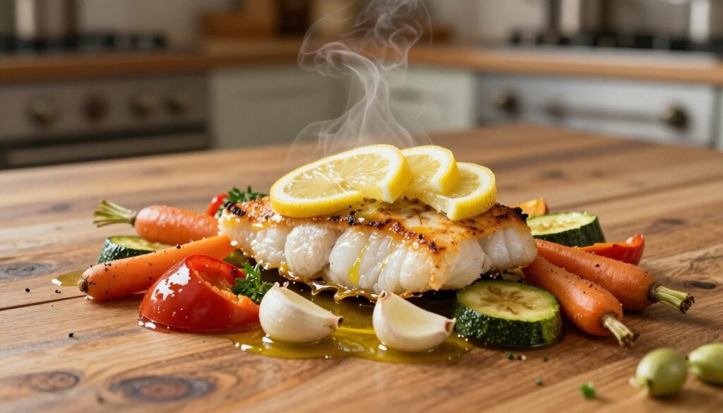 A beautifully presented baked cod fillet sits centered on a rustic wooden table. The fish is garnished with vibrant slices of lemon, fresh garlic cloves, and a colorful assortment of roasted vegetables, including carrots, bell peppers, and zucchini, all glistening with a light drizzle of olive oil. The dish is arranged artistically, showcasing the golden-brown, flaky texture of the cod, steaming gently as it emits an inviting aroma. Soft, warm lighting illuminates the scene, creating a cozy and appetizing atmosphere, while a blurred kitchen in the background adds a homely touch. The angle captures the dish from slightly above, emphasizing the ingredients' freshness and vibrant colors, inviting the viewer to savor a delightful meal.