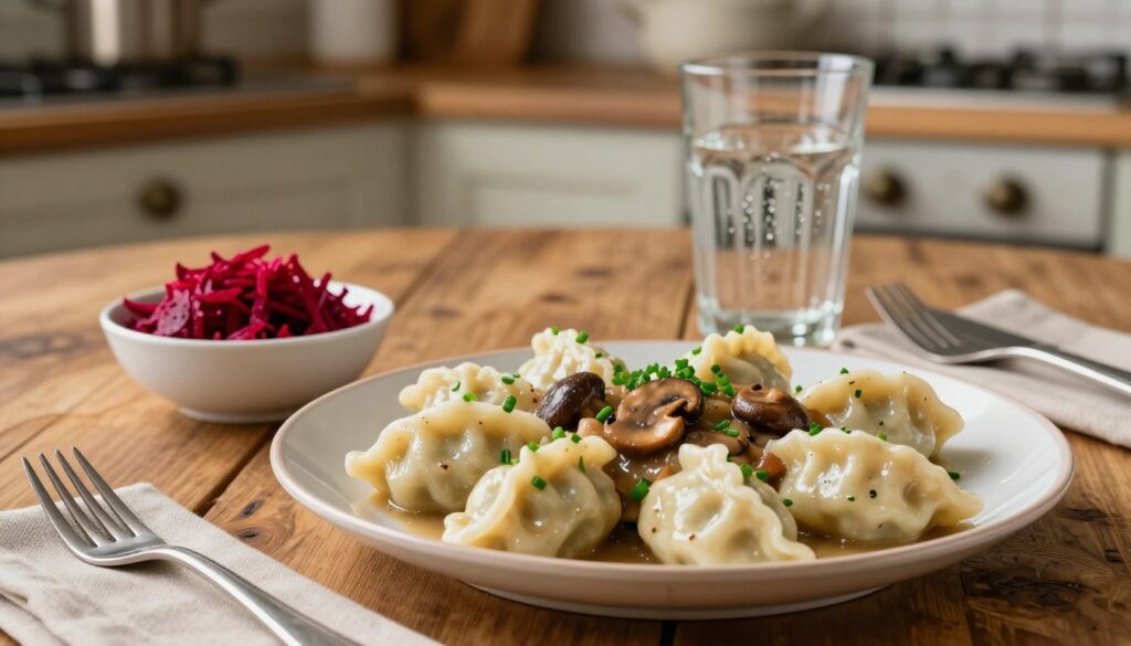 A beautifully presented dish of kluski śląskie, showcasing the traditional Polish dumplings, sits elegantly in the foreground. The dumplings are garnished with finely chopped chives and served with a rich, savory mushroom sauce, glistening under soft, warm lighting that highlights their texture. Beside the dish, a small bowl of finely shredded beetroot adds a pop of vibrant color, symbolizing classic Polish cuisine. In the middle ground, there is a rustic wooden table adorned with delicate cutlery and a glass of clear, sparkling water. The background features a softly blurred kitchen setting, with hints of vintage kitchenware, enhancing the homely atmosphere. The composition conveys a cozy and inviting mood, ideal for a comforting meal.