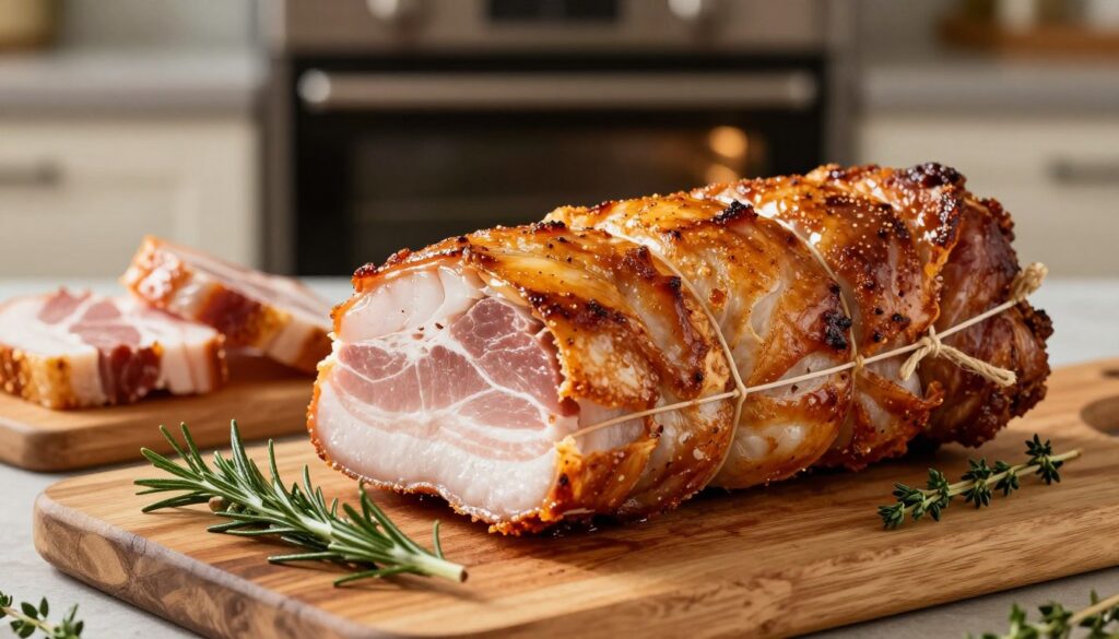 A beautifully presented rolled pork belly, or "boczek rolowany", is the focal point of the image, showcasing its crispy golden-brown skin glistening under soft kitchen lighting. The pork is artfully tied with kitchen twine, emphasizing the rolls of meat and fat, creating an inviting appearance. In the foreground, delicate sprigs of fresh herbs, such as rosemary and thyme, add a touch of color and freshness. The middle ground features a rustic wooden cutting board with sliced pieces of the succulent roast, revealing tantalizing layers of meat. In the background, an oven is visible, giving context to the cooking process, while warm, ambient light envelops the scene, evoking a cozy, homey atmosphere. The mood is warm and inviting, perfect for showcasing this culinary delight.