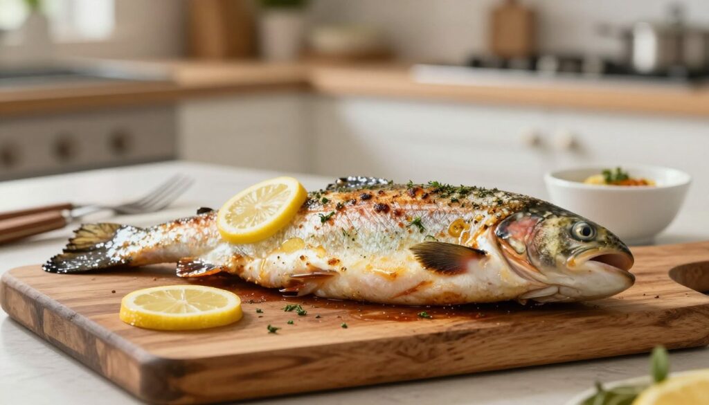 A beautifully presented whole trout, glistening with herbs and lemon slices, lays on a rustic wooden cutting board in the foreground. The fish showcases a golden-brown crust, emphasizing the perfect cooking technique. In the middle ground, subtle kitchen tools like a fork and a small bowl of sauce hint at the cooking process. The background features a softly blurred kitchen setting with warm, natural lighting, giving an inviting and cozy atmosphere. The scene captures a sense of culinary artistry and the essence of home cooking, emphasizing the beauty in mistakes and learnings while baking trout. The overall mood is warm and inviting, suitable for a culinary guide on fish preparation, ensuring a focus on the subject without distractions.