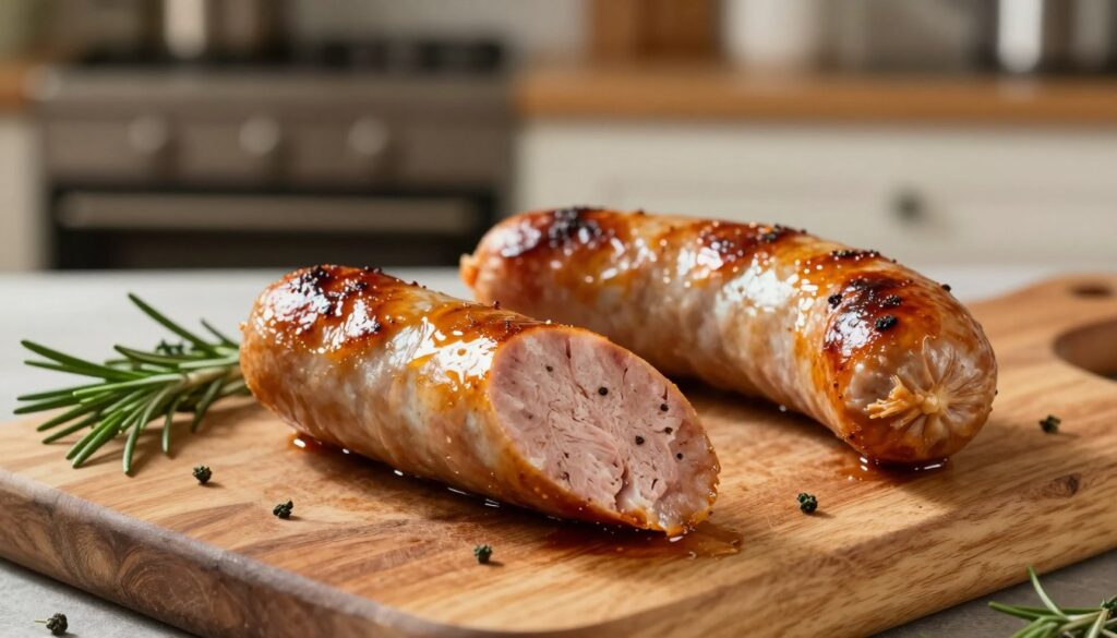 A beautifully roasted Polish sausage (kiełbasa) glistening with golden-brown caramelization, showcasing a perfect balance of juiciness and crispiness. The foreground features the sausage sliced open, revealing tender, flavorful meat and spices inside. In the middle, a rustic wooden cutting board is adorned with fresh herbs like rosemary and thyme, adding a pop of green. Soft, diffused lighting highlights the texture of the sausage and the wooden surface, creating an inviting warmth. The background is a softly blurred kitchen scene with an oven, hinting at a homey cooking atmosphere. The overall mood is cozy and appetizing, perfect for a culinary article about roasting sausage in the oven. A beautifully roasted Polish sausage (kiełbasa) glistening with golden-brown caramelization, showcasing a perfect balance of juiciness and crispiness. The foreground features the sausage sliced open, revealing tender, flavorful meat and spices inside. In the middle, a rustic wooden cutting board is adorned with fresh herbs like rosemary and thyme, adding a pop of green. Soft, diffused lighting highlights the texture of the sausage and the wooden surface, creating an inviting warmth. The background is a softly blurred kitchen scene with an oven, hinting at a homey cooking atmosphere. The overall mood is cozy and appetizing, perfect for a culinary article about roasting sausage in the oven.