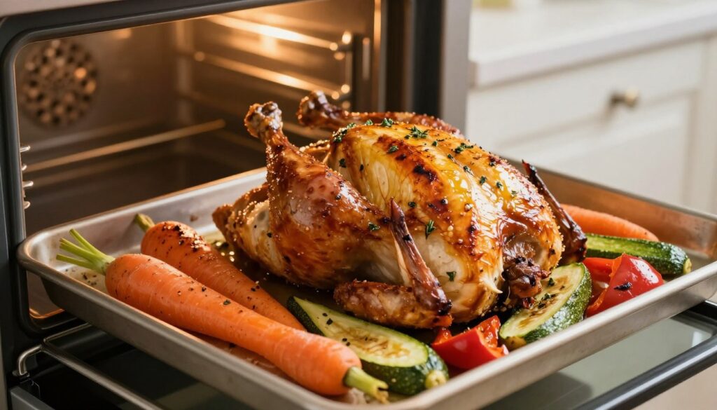A beautifully roasted chicken with vibrant vegetables, such as carrots, bell peppers, and zucchini, arranged artistically on a baking sheet. The chicken skin is golden brown, glistening with olive oil and herbs, showcasing its perfectly cooked texture, while the vegetables have a slight char, indicating they are caramelized and flavorful. In the background, an oven's warm glow is visible, with the door slightly ajar, hinting at the cooking process. Soft, natural lighting illuminates the scene, creating a cozy kitchen atmosphere. The camera angle captures the baking sheet from a slightly elevated perspective, emphasizing the deliciousness of the meal and inviting the viewer to explore the elements of time and juiciness in cooking.