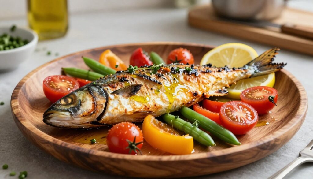 A beautifully roasted mackerel garnished with vibrant vegetables, including cherry tomatoes, bell peppers, and green beans, arranged artfully on a rustic wooden plate. The fish has a crispy, golden skin, glistening with a drizzle of olive oil and garnished with lemon slices and fresh herbs. Soft, natural lighting enhances the textures, casting gentle shadows that highlight the freshness of the ingredients. In the background, a blurred kitchen setting adds warmth, with hints of cooking utensils and herbs visible. The atmosphere is inviting and appetizing, evoking a sense of home-cooked comfort, perfect for showcasing the flavors of seasonal vegetables combined with the rich taste of baked mackerel. A beautifully roasted mackerel garnished with vibrant vegetables, including cherry tomatoes, bell peppers, and green beans, arranged artfully on a rustic wooden plate. The fish has a crispy, golden skin, glistening with a drizzle of olive oil and garnished with lemon slices and fresh herbs. Soft, natural lighting enhances the textures, casting gentle shadows that highlight the freshness of the ingredients. In the background, a blurred kitchen setting adds warmth, with hints of cooking utensils and herbs visible. The atmosphere is inviting and appetizing, evoking a sense of home-cooked comfort, perfect for showcasing the flavors of seasonal vegetables combined with the rich taste of baked mackerel.