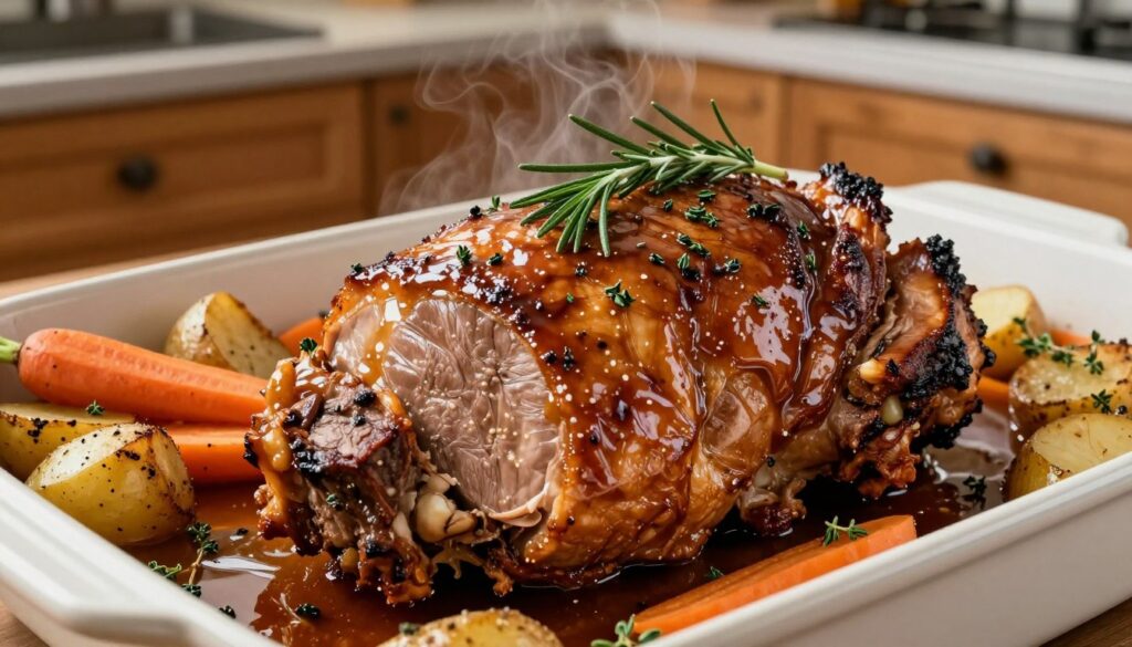 A beautifully roasted pork shoulder in a glossy baking sleeve, glistening with a savory brown glaze and garnished with fresh herbs like rosemary and thyme. The foreground features the golden-brown meat, perfectly tender, with juices pooling at the bottom of the sleeve, enhancing the appetizing appearance. In the middle ground, there are colorful vegetables like sliced carrots and potatoes, slightly caramelized and steaming. The background showcases a warm, rustic kitchen setting with wooden cabinets and soft, ambient lighting that highlights the deliciousness of the dish. A slight overhead angle captures the entirety of the scene, creating an inviting atmosphere, ideal for a home-cooked meal.