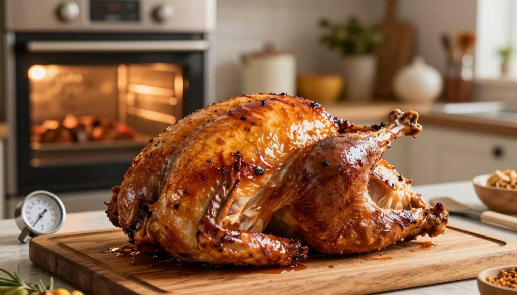 A beautifully roasted turkey, glistening with golden-brown skin, is positioned in the foreground on a rustic wooden cutting board. The turkey is slightly angled, showcasing its juicy meat and crispy texture, drizzled with savory pan juices. In the middle ground, a kitchen scene features a warm oven with soft, ambient light illuminating a cozy atmosphere. Thermometer and basting brush are elegantly placed nearby, emphasizing the cooking process. The background reveals a softly blurred kitchen setting, with warm tones of spices and herbs arranged in aesthetically pleasing containers, creating a homely feel. The overall mood is inviting and appetizing, capturing the essence of a well-prepared Thanksgiving feast, perfect for highlighting the art of roasting turkey. A beautifully roasted turkey, glistening with golden-brown skin, is positioned in the foreground on a rustic wooden cutting board. The turkey is slightly angled, showcasing its juicy meat and crispy texture, drizzled with savory pan juices. In the middle ground, a kitchen scene features a warm oven with soft, ambient light illuminating a cozy atmosphere. Thermometer and basting brush are elegantly placed nearby, emphasizing the cooking process. The background reveals a softly blurred kitchen setting, with warm tones of spices and herbs arranged in aesthetically pleasing containers, creating a homely feel. The overall mood is inviting and appetizing, capturing the essence of a well-prepared Thanksgiving feast, perfect for highlighting the art of roasting turkey.