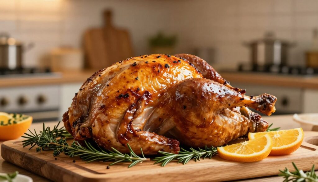 A beautifully roasted turkey leg, glistening with golden-brown skin, resting on a rustic wooden cutting board, surrounded by fresh herbs such as rosemary and thyme. The turkey is garnished with slices of citrus fruit, giving it a vibrant touch. In the background, a warm, inviting kitchen setting is visible, with soft, ambient lighting illuminating the scene, creating a cozy atmosphere. The focus is sharp on the turkey, showcasing its succulent texture, while the blurred kitchen elements provide depth. A shallow depth of field highlights the dish as the main subject, evoking a sense of warmth and comfort, perfect for a festive gathering. A beautifully roasted turkey leg, glistening with golden-brown skin, resting on a rustic wooden cutting board, surrounded by fresh herbs such as rosemary and thyme. The turkey is garnished with slices of citrus fruit, giving it a vibrant touch. In the background, a warm, inviting kitchen setting is visible, with soft, ambient lighting illuminating the scene, creating a cozy atmosphere. The focus is sharp on the turkey, showcasing its succulent texture, while the blurred kitchen elements provide depth. A shallow depth of field highlights the dish as the main subject, evoking a sense of warmth and comfort, perfect for a festive gathering.