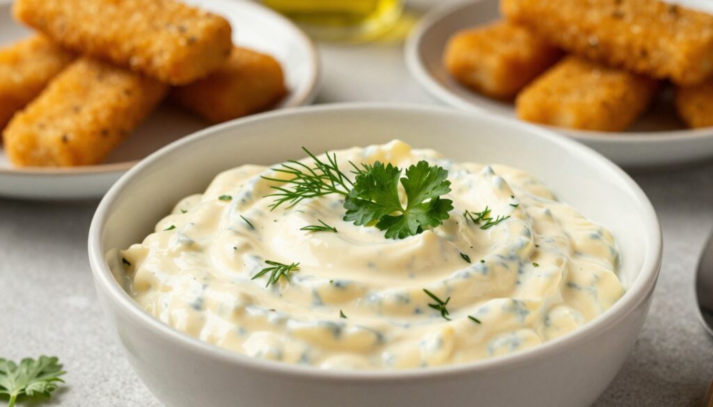 A beautifully styled bowl of sos tatarski, a creamy tartar sauce with a smooth, pale yellow hue, is placed prominently in the foreground, garnished with fresh herbs like dill and parsley for a burst of color. Background elements include appetizing fish sticks arranged neatly on a plate, creating a vibrant meal scene. The lighting is soft and inviting, creating a warm atmosphere, with natural light illuminating the sauces and food, suggesting a cozy family dining setting. The table is set with casual but elegant tableware, adding to the overall inviting mood. The shot is taken from a slightly elevated angle, enhancing the visual appeal of the dish and inviting viewers to consider the delectable pairing of this sauce with fish sticks.