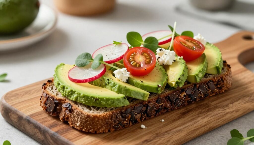 A beautifully styled open-faced avocado sandwich on a rustic wooden board, showcasing slices of ripe avocado artfully arranged. The sandwich is topped with a colorful assortment of toppings, including cherry tomatoes, radish slices, microgreens, and a sprinkle of feta cheese. In the background, soft-focus elements of a kitchen setting are visible, with natural light streaming in, creating a warm and inviting atmosphere. The scene is captured from a slight overhead angle to emphasize the freshness and textures of the ingredients. The vibrant greens of the avocado and garnishes contrast nicely against the dark bread, evoking a feeling of creativity and indulgence in healthy eating. A beautifully styled open-faced avocado sandwich on a rustic wooden board, showcasing slices of ripe avocado artfully arranged. The sandwich is topped with a colorful assortment of toppings, including cherry tomatoes, radish slices, microgreens, and a sprinkle of feta cheese. In the background, soft-focus elements of a kitchen setting are visible, with natural light streaming in, creating a warm and inviting atmosphere. The scene is captured from a slight overhead angle to emphasize the freshness and textures of the ingredients. The vibrant greens of the avocado and garnishes contrast nicely against the dark bread, evoking a feeling of creativity and indulgence in healthy eating.