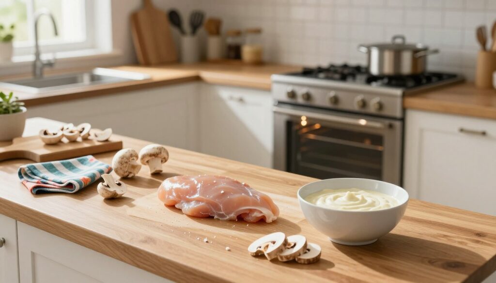 A bright and inviting kitchen scene centered around the preparation for baking. In the foreground, a wooden countertop is neatly arranged with fresh ingredients: marinated chicken breast, sliced mushrooms, and a bowl of creamy sauce. A shiny oven is visible in the background, with its door slightly ajar, revealing a cozy glow emanating from inside. The countertop is adorned with cooking utensils, a cutting board, and colorful dishcloths, adding a warm, homey feeling. Soft natural light streams in through a nearby window, illuminating the scene and creating soft shadows. The atmosphere is warm and inviting, evoking a sense of anticipation for a delicious meal. The camera angle is slightly elevated, providing a clear view of the countertop and the oven, capturing the essence of a delightful cooking experience. A bright and inviting kitchen scene centered around the preparation for baking. In the foreground, a wooden countertop is neatly arranged with fresh ingredients: marinated chicken breast, sliced mushrooms, and a bowl of creamy sauce. A shiny oven is visible in the background, with its door slightly ajar, revealing a cozy glow emanating from inside. The countertop is adorned with cooking utensils, a cutting board, and colorful dishcloths, adding a warm, homey feeling. Soft natural light streams in through a nearby window, illuminating the scene and creating soft shadows. The atmosphere is warm and inviting, evoking a sense of anticipation for a delicious meal. The camera angle is slightly elevated, providing a clear view of the countertop and the oven, capturing the essence of a delightful cooking experience.