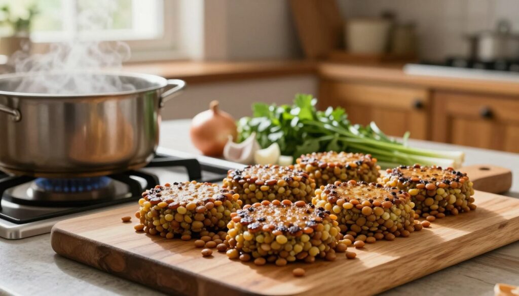 A bright and inviting kitchen scene showcasing the preparation of lentils for baking lentil patties. In the foreground, a wooden cutting board is laden with freshly cooked lentils, glistening from their recent boil. A pot of simmering water is visible on the stove, steam gently rising. In the middle ground, ingredients like chopped onions, garlic, and vibrant herbs are meticulously arranged, hinting at the process of creating the perfect mixture. In the background, a warm, rustic kitchen ambiance with wooden cabinets and sunlight filtering through a window sets a cozy atmosphere. The scene is well-lit with soft, natural light, capturing the warmth of home-cooked meals. The angle is slightly tilted, giving a dynamic view that invites the viewer into the cooking adventure.