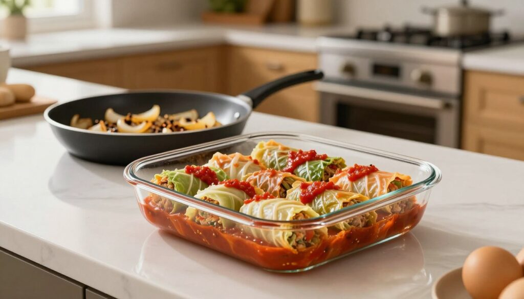 A clear and detailed image of a glass baking dish placed prominently on a clean, well-organized kitchen countertop. In the foreground, the dish is filled with colorful stuffed cabbage rolls, beautifully arranged with a rich tomato sauce drizzled on top. In the middle, a frying pan sits nearby, showcasing sautéed onions and spices, adding texture to the scene. The background features a warm, inviting kitchen environment with an oven visible, softly illuminated by natural light coming from a nearby window. The overall mood is homely and inviting, perfect for a comforting meal preparation. The focus should be sharp on the baking dish while including hints of the other elements to create a cohesive kitchen atmosphere.