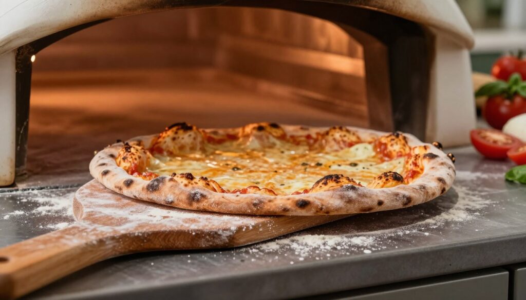 A close-up of a perfect pizza crust being removed from a traditional oven, focusing on the lower part of the pizza displaying its golden-brown, crispy texture. The foreground features a wooden pizza peel with flour dusted on it, emphasizing the fresh, dry appearance of the crust. In the middle, the oven's warm, glowing light highlights the pizza’s surface, showing how the humidity is minimized, creating an ideal cooking environment. In the background, a rustic kitchen counter with fresh ingredients like ripe tomatoes, fresh basil, and mozzarella, subtly hinting at high-quality toppings. Soft ambient lighting creates a warm, inviting atmosphere, showcasing the importance of a dry crust for a perfect pizza.