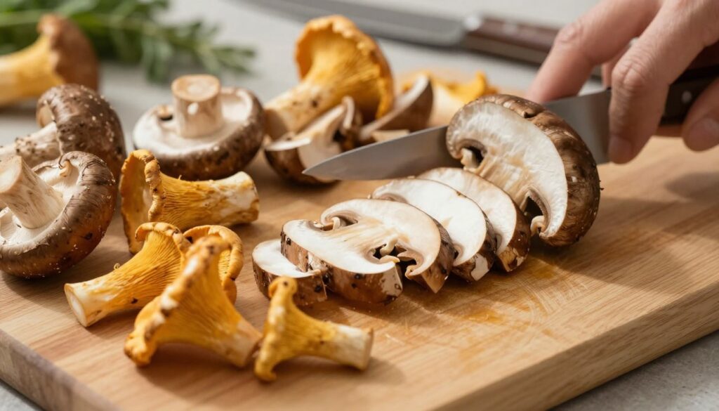 A close-up of a wooden cutting board featuring various freshly harvested mushrooms, such as porcini and chanterelles, being sliced into even, thin pieces with a sharp knife. The foreground showcases the vibrant colors of the mushrooms—rich browns, golden yellows, and deep earthy tones—juxtaposed against the light wood of the cutting board. In the middle, the knife glistens under soft, natural light, casting delicate shadows. In the background, blurred kitchen utensils and a hint of green herbs create a warm, inviting atmosphere. The overall mood is one of rustic culinary preparation, highlighting the delicate and methodical process of mushroom slicing for drying. A close-up of a wooden cutting board featuring various freshly harvested mushrooms, such as porcini and chanterelles, being sliced into even, thin pieces with a sharp knife. The foreground showcases the vibrant colors of the mushrooms—rich browns, golden yellows, and deep earthy tones—juxtaposed against the light wood of the cutting board. In the middle, the knife glistens under soft, natural light, casting delicate shadows. In the background, blurred kitchen utensils and a hint of green herbs create a warm, inviting atmosphere. The overall mood is one of rustic culinary preparation, highlighting the delicate and methodical process of mushroom slicing for drying.