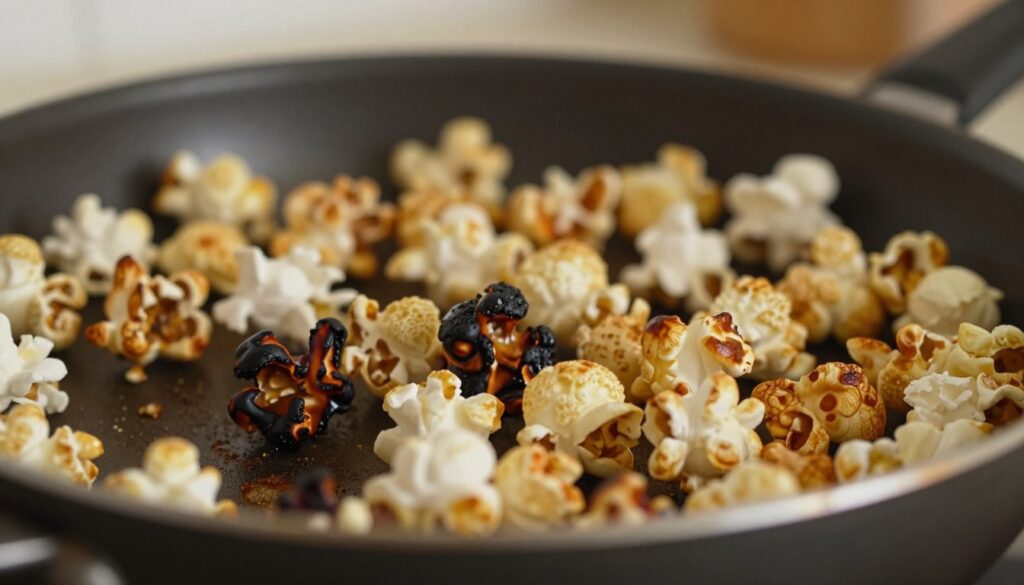 A close-up of burnt popcorn kernels in a pot, showcasing the uneven browning and some unpopped kernels scattered around. In the foreground, focus on a few darkened, charred pieces of popcorn with a few remaining white fluffy ones, highlighting the contrast between burnt and unpopped. The middle ground features a non-stick pot with a slight charred edge, emphasizing the cooking mishap. In the background, a blurred kitchen setting, softly lit by warm, overhead lighting, creates a homey atmosphere. The angle is slightly tilted, giving a dynamic view of the cooking process gone wrong. The image conveys a sense of frustration and caution, perfect for illustrating common problems in popcorn making.
