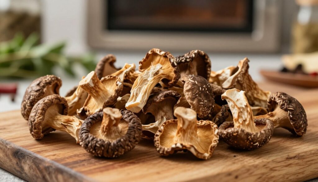 A close-up of dried mushrooms (suszone grzyby) arranged artfully on a rustic wooden surface, showcasing their unique textures and varied colors, from deep browns to subtle golden hues. In the background, hints of an oven can be seen, softly illuminated by warm, natural light to evoke a homey atmosphere. The mushrooms appear slightly curled and fragile, indicating their successful drying. Set against a blurred backdrop of herbs and spices to enhance the culinary theme. The focus is sharp on the mushrooms, capturing their details and showcasing their culinary potential. The mood is inviting and earthy, encouraging exploration of the home-drying process.