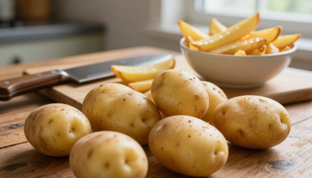 A close-up of fresh, golden-brown potatoes ideal for making homemade fries, prominently displayed on a rustic wooden kitchen table. The foreground features a few whole, unpeeled potatoes with varying textures, showcasing their earthy skin. In the middle ground, a cutting board is set with a cleaver and a bowl filled with freshly cut potato sticks, glistening slightly as if prepared for cooking. The background features soft, natural lighting that filters through a nearby window, casting gentle shadows to enhance the textures. The mood is warm and inviting, evoking a sense of home cooking and comfort, perfect for illustrating the art of choosing the right potatoes for crispy fries.