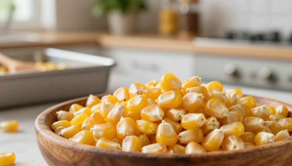 A close-up of golden corn kernels, known as "ziarna kukurydzy," resting in a rustic wooden bowl. The foreground showcases the glistening, smooth texture of the kernels, catching soft natural light that enhances their vibrant color and details. In the middle ground, a kitchen countertop features basic popcorn-making equipment, such as a baking dish and a wooden spoon, subtly indicating the process of popcorn preparation. The background has a blurred kitchen setting, with hints of herbs and spices on shelves, suggesting a warm, inviting atmosphere. The overall mood is cozy and homey, evoking a sense of culinary creativity, ideal for making popcorn in the oven.