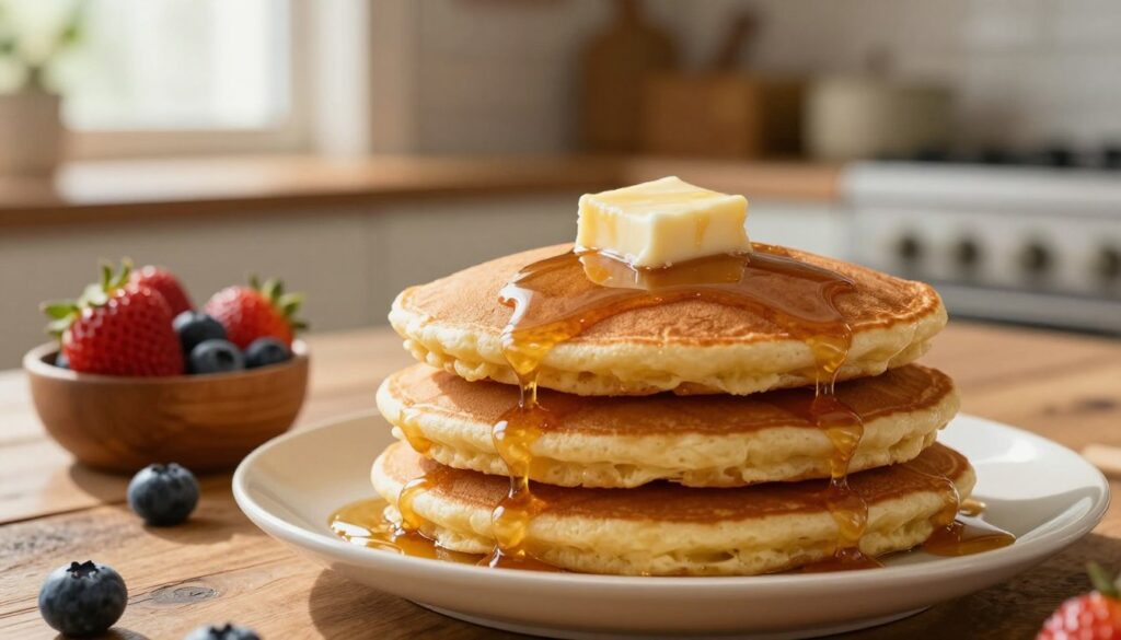 A close-up scene featuring a stack of fluffy, golden-brown pancakes drenched in shiny, rich maple syrup, glistening under soft, natural morning light. The pancakes are topped with a pat of melting butter, creating a delicious contrast. In the foreground, a small wooden bowl holds fresh berries, such as strawberries and blueberries, adding vibrant colors. In the middle ground, a rustic wooden table enhances the homely, inviting ambiance, while a soft-focus background reveals a cozy kitchen setting with warm tones and a window letting in gentle sunlight. The overall mood is warm, comforting, and nostalgic, perfect for evoking the classic American breakfast feel. A close-up scene featuring a stack of fluffy, golden-brown pancakes drenched in shiny, rich maple syrup, glistening under soft, natural morning light. The pancakes are topped with a pat of melting butter, creating a delicious contrast. In the foreground, a small wooden bowl holds fresh berries, such as strawberries and blueberries, adding vibrant colors. In the middle ground, a rustic wooden table enhances the homely, inviting ambiance, while a soft-focus background reveals a cozy kitchen setting with warm tones and a window letting in gentle sunlight. The overall mood is warm, comforting, and nostalgic, perfect for evoking the classic American breakfast feel.