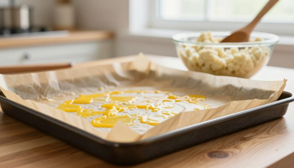 A close-up scene focused on a baking sheet lined with vibrant, crinkled parchment paper, showcasing its texture and translucence. In the background, a mixing bowl with a rustic wooden spoon, partially filled with a creamy cauliflower mixture, hints at the delicious preparation ahead. Soft, diffused natural light floods the scene from a window, casting gentle shadows and highlighting the rich colors of the ingredients. The table surface is a warm, inviting wood grain that adds to the cozy kitchen atmosphere. Capture a shallow depth of field to emphasize the parchment paper in the foreground, making it truly stand out against the blurred kitchen backdrop, evoking a sense of anticipation for the cooking process.