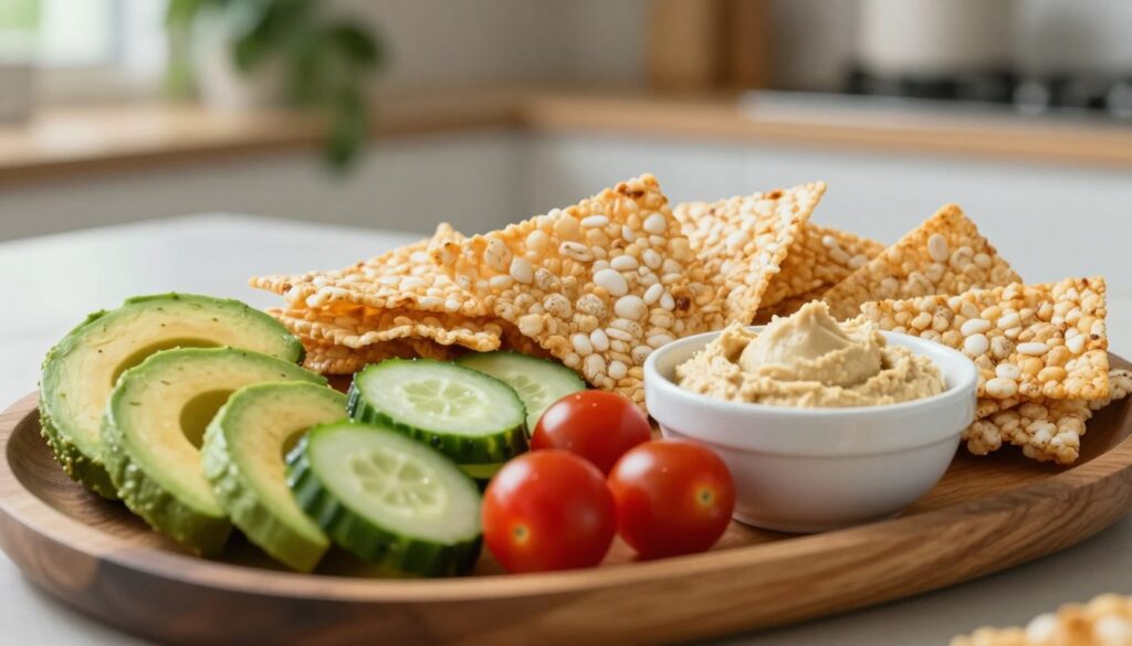 A close-up scene showcasing a wooden platter filled with an assortment of healthy toppings beside crispy rice wafers. In the foreground, there are sliced avocado, fresh cucumber rounds, vibrant cherry tomatoes, and a small bowl of hummus, artfully arranged to invite a healthy snacking vibe. The middle ground features the crispy rice wafers, golden and lightly textured, positioned neatly next to the toppings. The background is softly blurred greenery or a minimalist kitchen setting to enhance the fresh, wholesome atmosphere. Soft, natural light illuminates the scene, creating inviting shadows and highlights that emphasize the freshness of the ingredients. The mood is warm and inviting, perfect for a healthy snack.