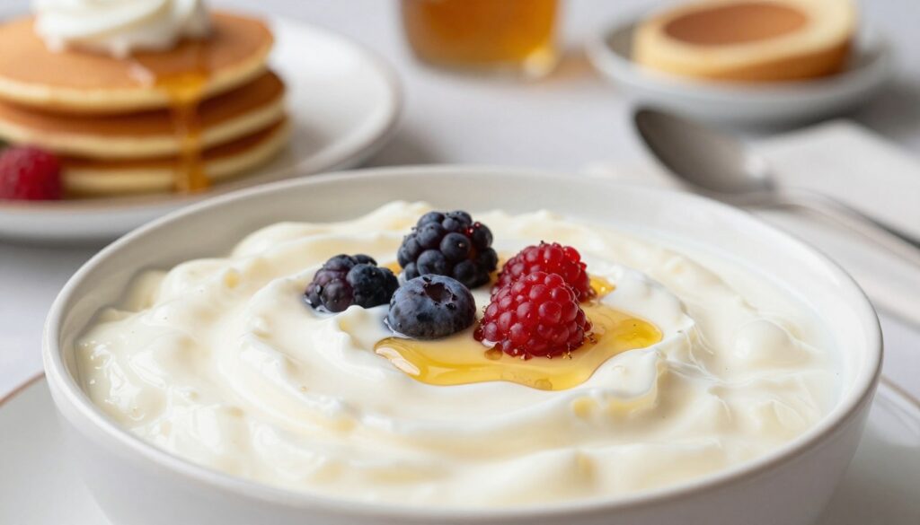A close-up shot of a rich, creamy bowl of bita śmietana, showcasing its smooth, luscious texture. The foreground features the bowl elegantly styled with a glossy finish, glistening under soft, natural lighting that enhances the creaminess. In the middle, scattered fresh berries and a drizzle of honey create a vibrant color contrast, invoking a sense of freshness and indulgence. The background displays a subtle blurred table setting, with a cozy breakfast scene that includes a stack of golden pancakes topped with additional cream, inviting desserts, and elegant cutlery. The mood is warm and inviting, perfect for a delightful morning or dessert setting, captured from a slightly elevated angle to emphasize the delicious cream and toppings. A close-up shot of a rich, creamy bowl of bita śmietana, showcasing its smooth, luscious texture. The foreground features the bowl elegantly styled with a glossy finish, glistening under soft, natural lighting that enhances the creaminess. In the middle, scattered fresh berries and a drizzle of honey create a vibrant color contrast, invoking a sense of freshness and indulgence. The background displays a subtle blurred table setting, with a cozy breakfast scene that includes a stack of golden pancakes topped with additional cream, inviting desserts, and elegant cutlery. The mood is warm and inviting, perfect for a delightful morning or dessert setting, captured from a slightly elevated angle to emphasize the delicious cream and toppings.