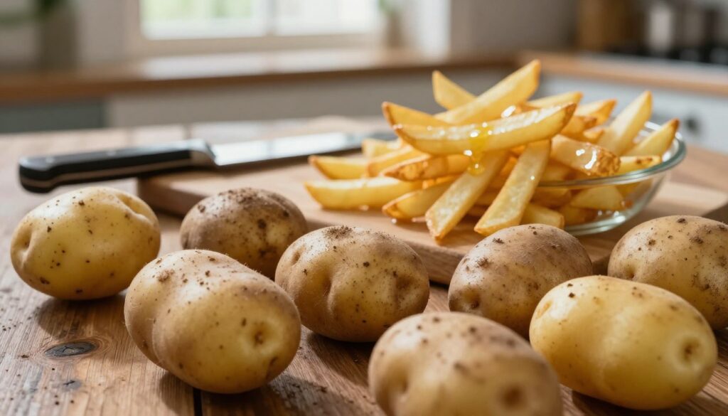 A close-up shot of fresh, whole potatoes suitable for making homemade French fries, arranged artfully on a rustic wooden table. The foreground features a variety of potato types, showcasing their skins in earthy tones of brown and yellow, with some dirt still clinging to them for an authentic touch. In the middle ground, a cutting board with a sharp knife and a bowl filled with freshly cut potato strips, glistening with a light sheen of oil, ready for baking. The background displays a cozy kitchen setting with soft natural light filtering through a window, creating a warm and inviting atmosphere. The overall mood is homely and comforting, evoking the anticipation of delicious, crispy fries. A close-up shot of fresh, whole potatoes suitable for making homemade French fries, arranged artfully on a rustic wooden table. The foreground features a variety of potato types, showcasing their skins in earthy tones of brown and yellow, with some dirt still clinging to them for an authentic touch. In the middle ground, a cutting board with a sharp knife and a bowl filled with freshly cut potato strips, glistening with a light sheen of oil, ready for baking. The background displays a cozy kitchen setting with soft natural light filtering through a window, creating a warm and inviting atmosphere. The overall mood is homely and comforting, evoking the anticipation of delicious, crispy fries.