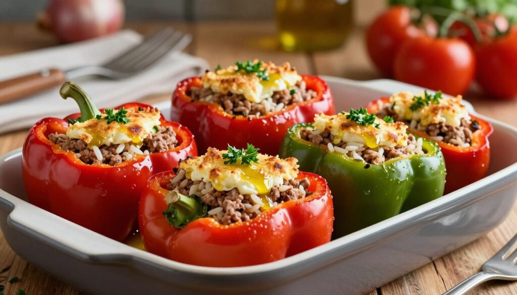 A close-up view of a beautifully arranged dish of baked stuffed bell peppers filled with raw ground meat and rice. The vibrant red and green peppers are topped with a golden-brown crust, glistening with olive oil, and garnished with fresh herbs like parsley. The dish is served on a rustic wooden table, with a soft, warm kitchen light illuminating the scene, creating a cozy atmosphere. The background features a blurred out kitchen setting, with baking utensils and fresh ingredients like tomatoes and onions subtly visible. The focus is on the peppers, showcasing their juicy texture and appetizing colors, inviting viewers to delve into the comforting, home-cooked essence of this dish. A close-up view of a beautifully arranged dish of baked stuffed bell peppers filled with raw ground meat and rice. The vibrant red and green peppers are topped with a golden-brown crust, glistening with olive oil, and garnished with fresh herbs like parsley. The dish is served on a rustic wooden table, with a soft, warm kitchen light illuminating the scene, creating a cozy atmosphere. The background features a blurred out kitchen setting, with baking utensils and fresh ingredients like tomatoes and onions subtly visible. The focus is on the peppers, showcasing their juicy texture and appetizing colors, inviting viewers to delve into the comforting, home-cooked essence of this dish.