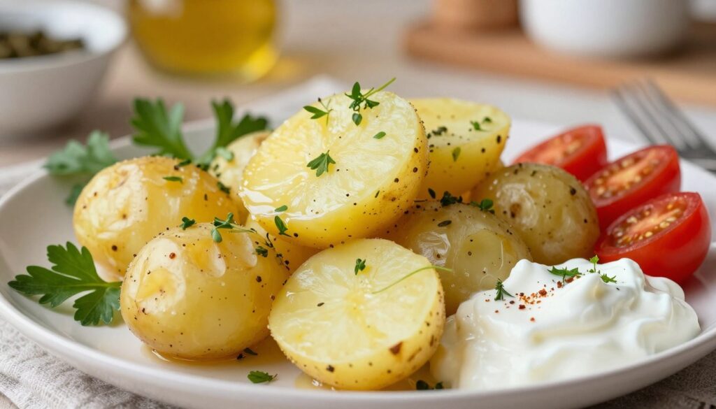 A close-up view of a beautifully arranged plate of cooked potatoes, showcasing their creamy texture and natural color. Surrounding the potatoes are various light and healthy accompaniments like fresh herbs, a light dollop of yogurt, cherry tomatoes, and a sprinkle of spices. The background features a softly blurred kitchen setting with warm, inviting lighting, emphasizing a homely atmosphere. The image is taken from a high angle, allowing the viewer to see the details of the dish while capturing the essence of healthy eating. The overall mood is fresh, vibrant, and appetizing, suggesting a focus on nutritious, low-calorie meal options.