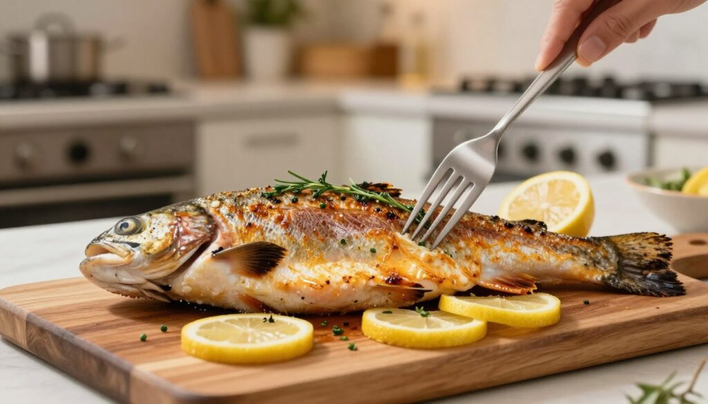 A close-up view of a beautifully roasted trout placed on a wooden cutting board, with a fork gently prodding the flaky flesh, demonstrating the "fork test." The trout is garnished with fresh herbs and lemon slices, showcasing a golden, crispy skin. In the background, a well-lit kitchen setting features an oven and utensils, enhancing the cooking atmosphere. Soft, warm lighting casts a cozy glow, inviting viewers to appreciate the dish. The focus should be on the trout, with a shallow depth of field to blur the background subtly, keeping the attention on the fish and the fork. The image conveys a sense of delicious anticipation, emphasizing the readiness of the trout for serving.