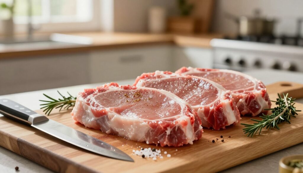 A close-up view of a butcher's cutting board with a selection of fresh pork loin chops displayed attractively. The pork should appear tender and juicy, glistening with a light sheen of seasoning. Surrounding the meat, there are various kitchen tools: a sharp chef’s knife, small sprigs of fresh herbs like rosemary and thyme, and a sprinkling of salt and pepper. In the background, a well-lit modern kitchen can be seen, with warm, inviting tones and soft natural light filtering in through a window. The mood should be cozy and welcoming, suggesting a homely atmosphere for cooking. The focus is on the meat selection process to illustrate how to choose the perfect cut for a tender roast. A close-up view of a butcher's cutting board with a selection of fresh pork loin chops displayed attractively. The pork should appear tender and juicy, glistening with a light sheen of seasoning. Surrounding the meat, there are various kitchen tools: a sharp chef’s knife, small sprigs of fresh herbs like rosemary and thyme, and a sprinkling of salt and pepper. In the background, a well-lit modern kitchen can be seen, with warm, inviting tones and soft natural light filtering in through a window. The mood should be cozy and welcoming, suggesting a homely atmosphere for cooking. The focus is on the meat selection process to illustrate how to choose the perfect cut for a tender roast.
