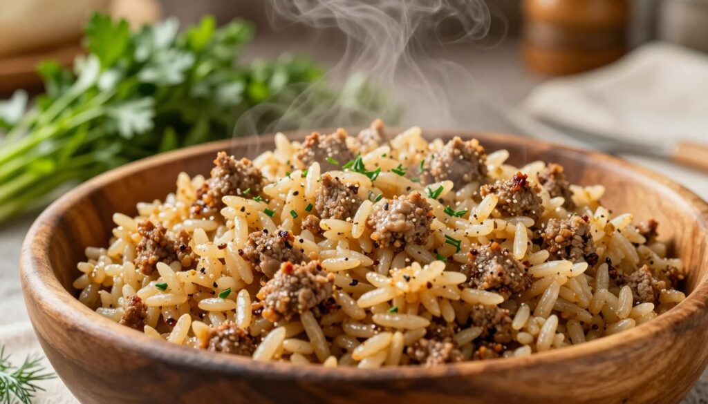 A close-up view of a delicious filling prepared for gołąbki, showcasing a beautifully textured mix of cooked rice and seasoned minced meat. The foreground features the mixture in a rustic wooden bowl, glistening with spices and herbs, with steam rising gently off the surface. In the middle ground, there are fresh parsley and dill sprinkled around the bowl, adding a burst of color and freshness. The background presents a soft-focussed kitchen setting, with warm, natural lighting creating a cozy atmosphere. The scene is angled slightly from above to capture the rich details of the filling, highlighting its inviting and savory appearance. The mood is homely and appetizing, evoking a traditional cooking experience.