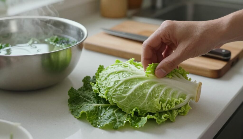 A close-up view of a kitchen countertop where a hand is carefully parzenie kapusty, or softening cabbage leaves. The cabbage, vibrant green with a few water droplets glistening on its surface, is laid out next to a steaming bowl of water infused with herbs. In the background, a wooden cutting board and knife provide a rustic feel, while soft, natural lighting filters in from a nearby window, creating a warm and inviting atmosphere. The focus is sharp on the cabbage, with a shallow depth of field blurring the background slightly, enhancing the sense of intimacy in the cooking process. The mood is calm and practical, reflecting the idea of resolving common issues in preparing cabbage for gołąbki without boiling.