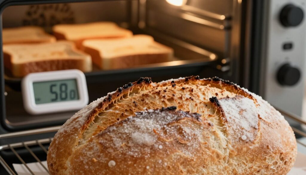 A close-up view of a loaf of bread being improperly defrosted in an oven. The foreground shows the bread with visible ice crystals and uneven heating, illustrating common mistakes like excessive drying or cooking. In the middle ground, subtle details reveal a digital thermometer reading too high and a timer counting down, emphasizing the urgency and potential for disaster. The background features an oven with golden-brown toast and poorly structured bread slices, hinting at the consequences of these errors. The scene is lit with warm, soft lighting to create an inviting but slightly alarming atmosphere, capturing the tension between deliciousness and disaster in bread preparation.