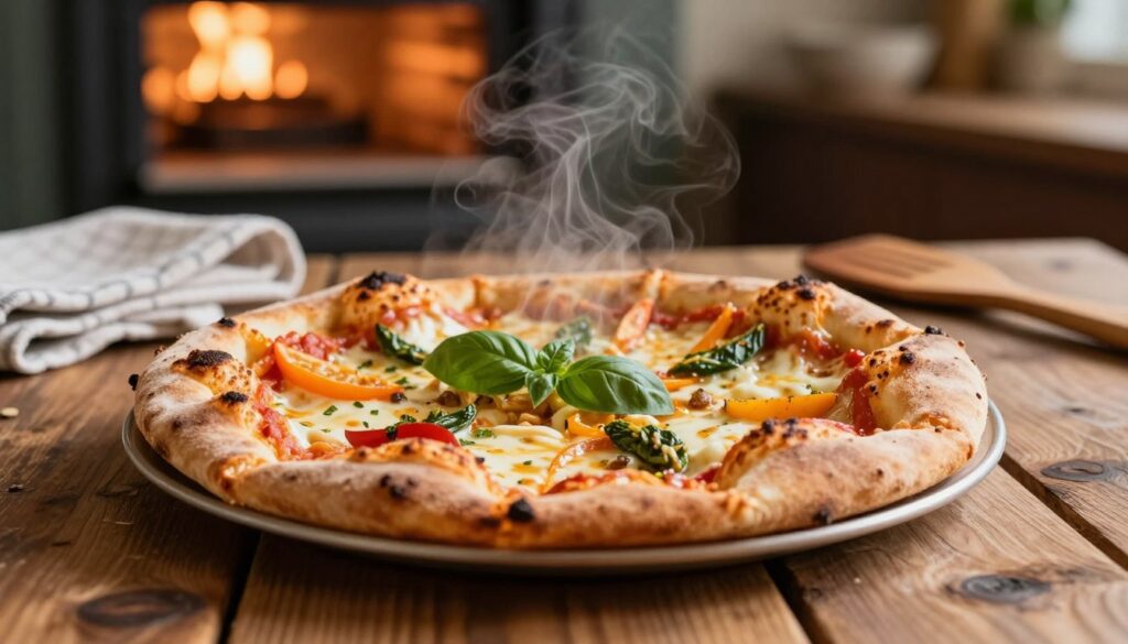 A close-up view of a perfectly baked tortilla pizza slice on a rustic wooden table. The foreground features the golden, crispy edges of the tortilla crust, beautifully browned and flaky, topped with vibrant ingredients like melted cheese, fresh basil, and colorful vegetables. In the middle, warm steam is rising from the slice, enhancing the inviting atmosphere. The background shows an oven with soft, warm lighting that highlights the texture of the pizza. A kitchen towel and a wooden spatula lay nearby, adding a homey touch. The overall mood is cozy and appetizing, ideal for emphasizing the appeal of a crispy tortilla pizza. A close-up view of a perfectly baked tortilla pizza slice on a rustic wooden table. The foreground features the golden, crispy edges of the tortilla crust, beautifully browned and flaky, topped with vibrant ingredients like melted cheese, fresh basil, and colorful vegetables. In the middle, warm steam is rising from the slice, enhancing the inviting atmosphere. The background shows an oven with soft, warm lighting that highlights the texture of the pizza. A kitchen towel and a wooden spatula lay nearby, adding a homey touch. The overall mood is cozy and appetizing, ideal for emphasizing the appeal of a crispy tortilla pizza.