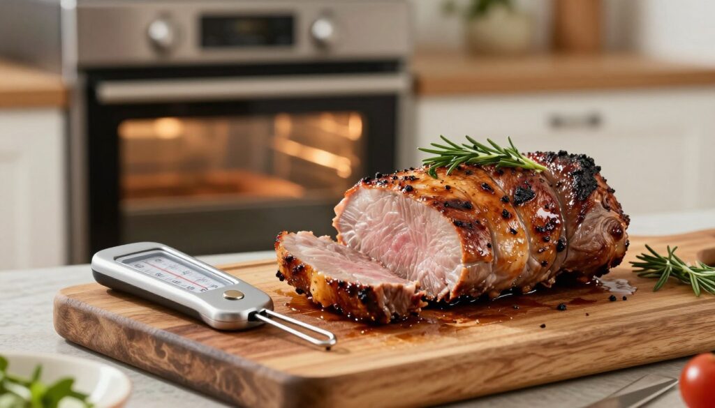 A close-up view of a perfectly cooked pork tenderloin resting on a rustic wooden cutting board, garnished with fresh herbs and accompanied by temperature control tools like a meat thermometer. In the foreground, the tenderloin glistens with juices, showcasing its succulent texture. The middle ground features a kitchen setting with a modern oven in the background, emanating a warm glow, creating a cozy atmosphere. Soft, natural lighting highlights the details of the meat and the cutting board, enhancing the appetizing look. The composition should focus on the meat while allowing hints of kitchen utensils and ingredients around, inviting the viewer into the cooking process. The angle is slightly tilted, providing depth to the scene, evoking a sense of homely comfort and culinary passion. A close-up view of a perfectly cooked pork tenderloin resting on a rustic wooden cutting board, garnished with fresh herbs and accompanied by temperature control tools like a meat thermometer. In the foreground, the tenderloin glistens with juices, showcasing its succulent texture. The middle ground features a kitchen setting with a modern oven in the background, emanating a warm glow, creating a cozy atmosphere. Soft, natural lighting highlights the details of the meat and the cutting board, enhancing the appetizing look. The composition should focus on the meat while allowing hints of kitchen utensils and ingredients around, inviting the viewer into the cooking process. The angle is slightly tilted, providing depth to the scene, evoking a sense of homely comfort and culinary passion.