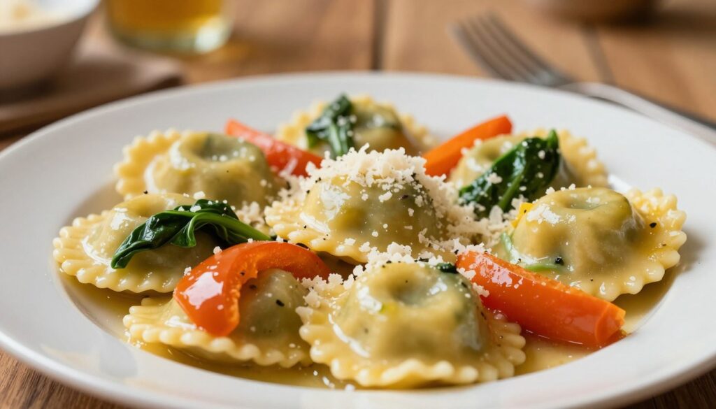 A close-up view of a plate of ravioli filled with vibrant vegetables, elegantly arranged in a rich, glossy sauce. The ravioli are pillowy and freshly cooked, showcasing a variety of colorful vegetables like spinach, bell peppers, and carrots peeking out. In the foreground, a light sheen of the sauce drizzles over the pasta, accentuating its texture. A sprinkle of freshly grated parmesan cheese adds a gourmet touch. In the background, a wooden table setting enhances the rustic Italian atmosphere, with soft, warm lighting that casts gentle shadows, evoking a cozy kitchen vibe. There are no distractions; the focus remains solely on the delicious dish of ravioli, inviting viewers to savor the moment. The overall mood is appetizing and inviting, ideal for food enthusiasts.
