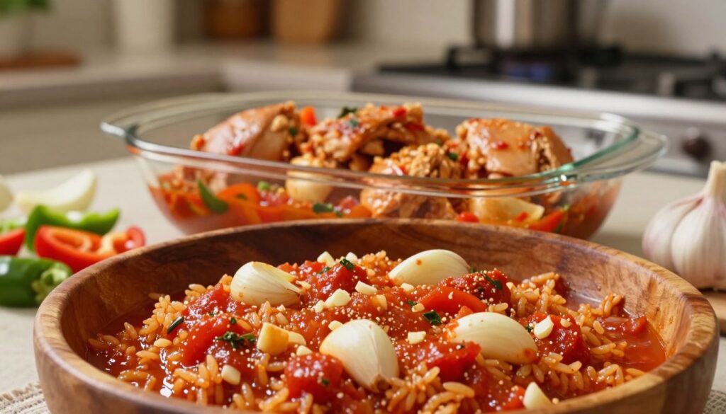 A close-up view of a rich, savory marinade for rice and chicken, featuring fresh garlic cloves and a glossy, tomato-based sauce. The foreground displays a rustic wooden bowl filled with the vibrant red marinade, with visible chunks of crushed garlic and hints of herbs. In the middle, a kitchen countertop set with an elegant glass dish showcasing tender chicken pieces being marinated, surrounded by freshly chopped vegetables like bell peppers and onions. The background features a softly blurred kitchen scene, with warm, ambient lighting that highlights the appetizing colors of the dish. The overall atmosphere is inviting and homely, suggesting a delightful cooking experience filled with warmth and comfort. A close-up view of a rich, savory marinade for rice and chicken, featuring fresh garlic cloves and a glossy, tomato-based sauce. The foreground displays a rustic wooden bowl filled with the vibrant red marinade, with visible chunks of crushed garlic and hints of herbs. In the middle, a kitchen countertop set with an elegant glass dish showcasing tender chicken pieces being marinated, surrounded by freshly chopped vegetables like bell peppers and onions. The background features a softly blurred kitchen scene, with warm, ambient lighting that highlights the appetizing colors of the dish. The overall atmosphere is inviting and homely, suggesting a delightful cooking experience filled with warmth and comfort.