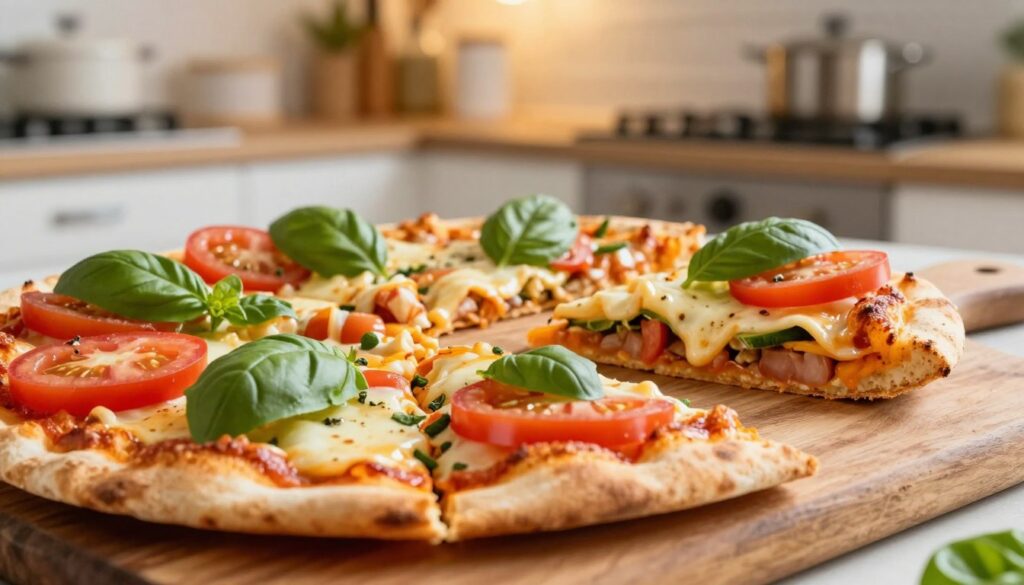 A close-up view of a vibrant, delicious tortilla pizza topped with colorful ingredients. In the foreground, showcase the tortilla pizza on a rustic wooden board, garnished with fresh basil, tomatoes, and melted cheese. In the middle, display a few slices cut out, revealing the layers of ingredients inside, highlighting their freshness and appetizing textures. In the background, softly blurred, include a modern kitchen setting with warm ambient lighting that creates a cozy and inviting atmosphere. The composition should evoke the essence of quick and healthy meal prep, inspiring a sense of satisfaction and joy in cooking. Use natural light to enhance the colors and details, capturing the pizza in a flattering angle that emphasizes its appealing crunchiness. A close-up view of a vibrant, delicious tortilla pizza topped with colorful ingredients. In the foreground, showcase the tortilla pizza on a rustic wooden board, garnished with fresh basil, tomatoes, and melted cheese. In the middle, display a few slices cut out, revealing the layers of ingredients inside, highlighting their freshness and appetizing textures. In the background, softly blurred, include a modern kitchen setting with warm ambient lighting that creates a cozy and inviting atmosphere. The composition should evoke the essence of quick and healthy meal prep, inspiring a sense of satisfaction and joy in cooking. Use natural light to enhance the colors and details, capturing the pizza in a flattering angle that emphasizes its appealing crunchiness.