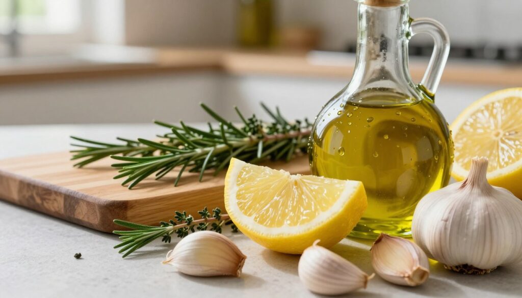 A close-up view of a vibrant, fresh ingredients arrangement for a marinade, focusing on high-quality extra virgin olive oil. In the foreground, a glass bottle of olive oil, glistening under soft natural light, with droplets forming on the surface. Beside it, bright yellow lemon wedges and whole garlic cloves, their skins slightly textured. Fresh herbs like rosemary and thyme sprigs lie artfully scattered around, adding a lively green contrast. In the middle ground, a wooden cutting board with a subtle grain, providing warmth. The background features a blurred kitchen setting, enhancing the atmosphere of a cozy cooking environment, with soft sunlight streaming through the window, casting gentle shadows. The mood is fresh and inviting, perfect for culinary inspiration.