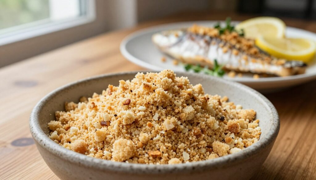 A close-up view of a wooden table with a rustic bowl filled with finely ground "bułka tarta" (bread crumbs), showcasing its light golden color and crumbly texture. In the background, a freshly baked fish fillet, beautifully coated in the breadcrumbs, rests on a clean white plate, garnished with a slice of lemon and a sprinkle of fresh herbs. Soft, natural lighting from a nearby window casts gentle shadows, enhancing the textures of the crumbs and the fish. The atmosphere is warm and inviting, suggesting a cozy home kitchen setting. Use a shallow depth of field to keep the focus on the bułka tarta, giving it a prominent foreground presence against the blurred background. A close-up view of a wooden table with a rustic bowl filled with finely ground "bułka tarta" (bread crumbs), showcasing its light golden color and crumbly texture. In the background, a freshly baked fish fillet, beautifully coated in the breadcrumbs, rests on a clean white plate, garnished with a slice of lemon and a sprinkle of fresh herbs. Soft, natural lighting from a nearby window casts gentle shadows, enhancing the textures of the crumbs and the fish. The atmosphere is warm and inviting, suggesting a cozy home kitchen setting. Use a shallow depth of field to keep the focus on the bułka tarta, giving it a prominent foreground presence against the blurred background.