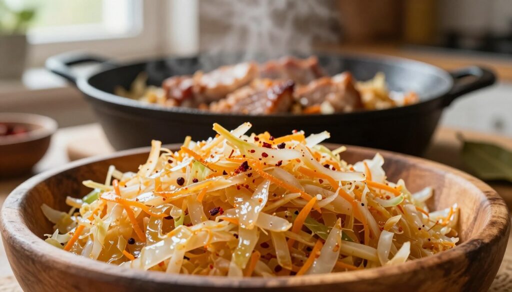 A close-up view of fermented cabbage (kapusta kiszona) showcased in a rustic wooden bowl, glistening with a hint of moisture. The foreground features finely shredded cabbage mixed with vibrant orange and red spices, indicating the presence of garlic, pepper, and bay leaves. In the middle ground, a soft-focus centerpiece highlights a cast iron skillet with a hint of sizzling pork nestled within the cabbage, emphasizing its rich, savory aroma. The background softly blurs with the warm glow of a cozy kitchen environment, bathed in natural light streaming through a window. The overall atmosphere is inviting and homely, evoking the comfort of a hearty, traditional meal. The composition emphasizes texture and color, showcasing the culinary process with attention to detail.