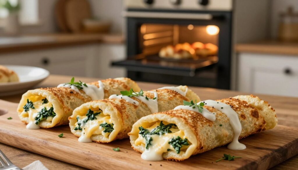 A close-up view of golden, baked "naleśniki" (Polish pancakes) elegantly arranged on a rustic wooden table. The pancakes are delicately filled with a creamy cheese and spinach mixture, garnished with fresh herbs and a drizzle of white sauce. In the background, a cozy kitchen setting with warm, ambient lighting, highlighting a vintage oven with the door slightly ajar, revealing more delicious dishes inside. Soft focus on the background to emphasize the textures of the pancakes in the foreground. The atmosphere is inviting and homely, conveying the warmth and comfort of a freshly prepared meal. The scene captures the essence of a delicious baked dish perfect for lunch or dinner. A close-up view of golden, baked "naleśniki" (Polish pancakes) elegantly arranged on a rustic wooden table. The pancakes are delicately filled with a creamy cheese and spinach mixture, garnished with fresh herbs and a drizzle of white sauce. In the background, a cozy kitchen setting with warm, ambient lighting, highlighting a vintage oven with the door slightly ajar, revealing more delicious dishes inside. Soft focus on the background to emphasize the textures of the pancakes in the foreground. The atmosphere is inviting and homely, conveying the warmth and comfort of a freshly prepared meal. The scene captures the essence of a delicious baked dish perfect for lunch or dinner.